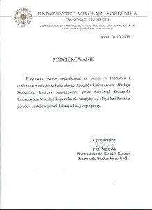podziękowania od uniwersytetu umk dla rajdera