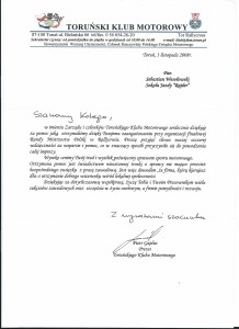 referencje od toruńskiego klubu motorowego dla szkoły jazdy rajder